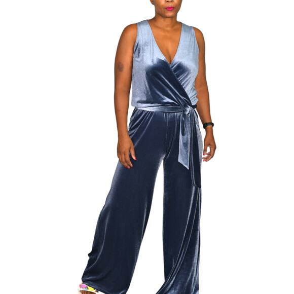 Samantha Dru Flare Jumpsuit Blue Wrap Belt Velour Velvet Wide Leg Pantsuit Small - Picture 14 of 15